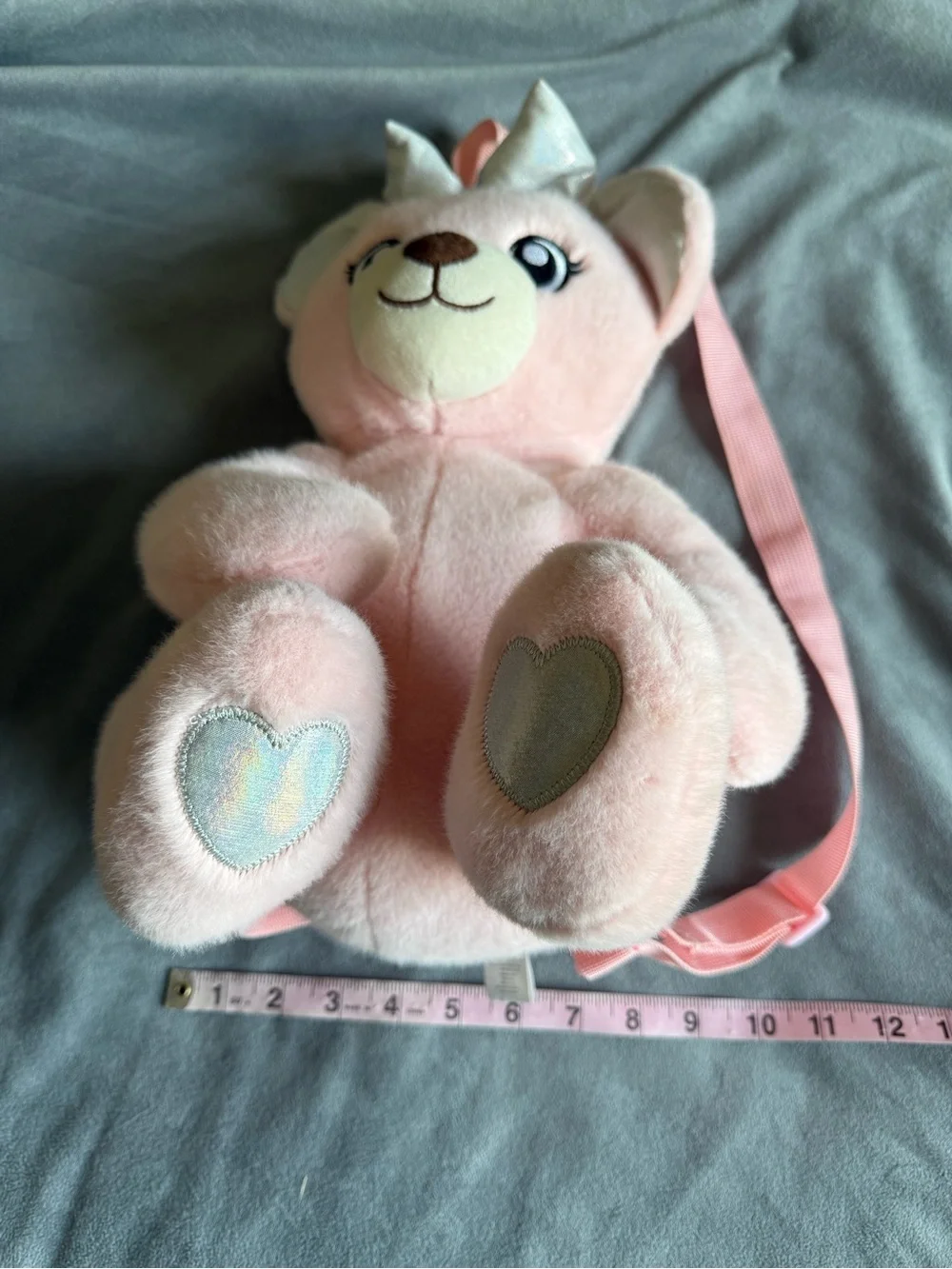 Pastel Pink Plush Teddy Bear Mini Backpack | Kawaii Iridescent Bow & Heart Pads